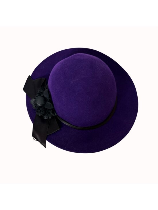 Vintage Purple Felt Wide Brim Hat Wool Head Hugger USA Black Ribbon Church main image 9
